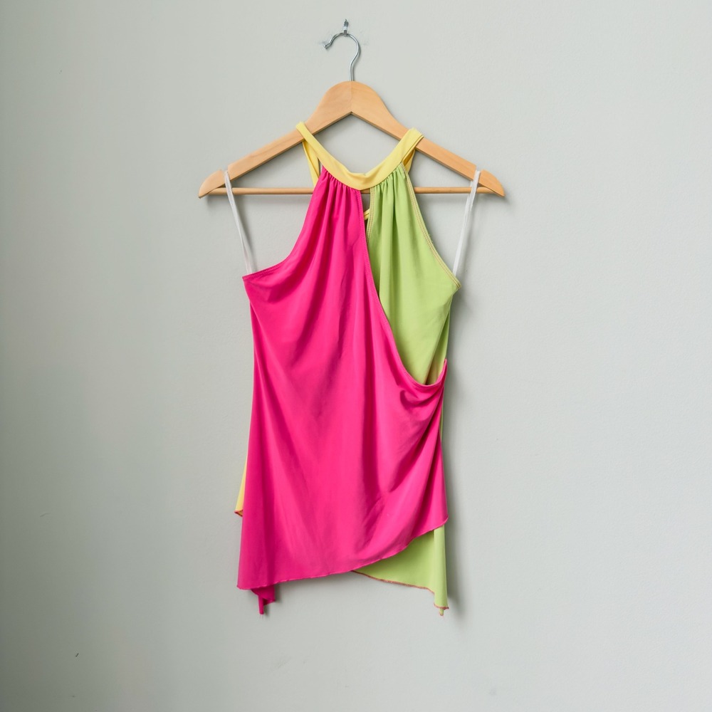 VTG Beware! Y2K Neon Bright Asymmetrical Going Out Halter Top Size L Miami Club
